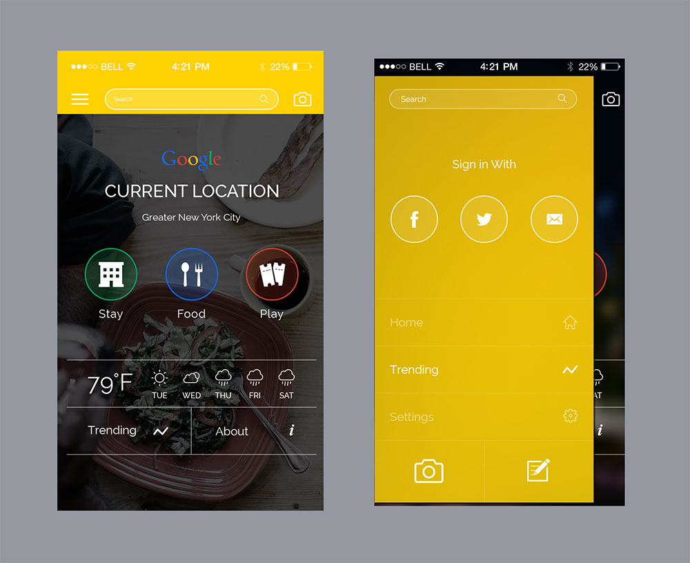Weather app showing current conditions and settings screen.